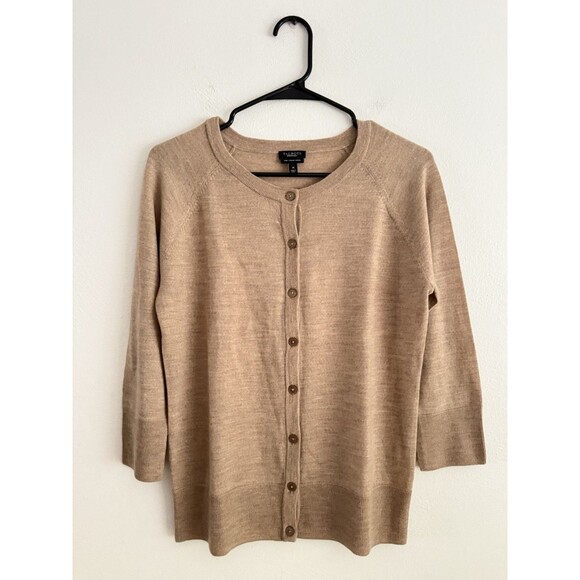 Talbots Pure Merino Wool Knit Button Up Cardigan Sweater Women M Tan Career New - Picture 1 of 6